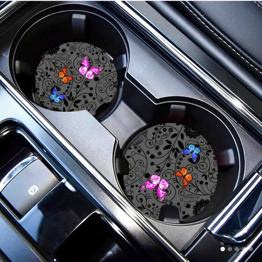 HOST PICK: 2 Piece Set: Three Multicolored Flying Butterflies Black Car Coasters